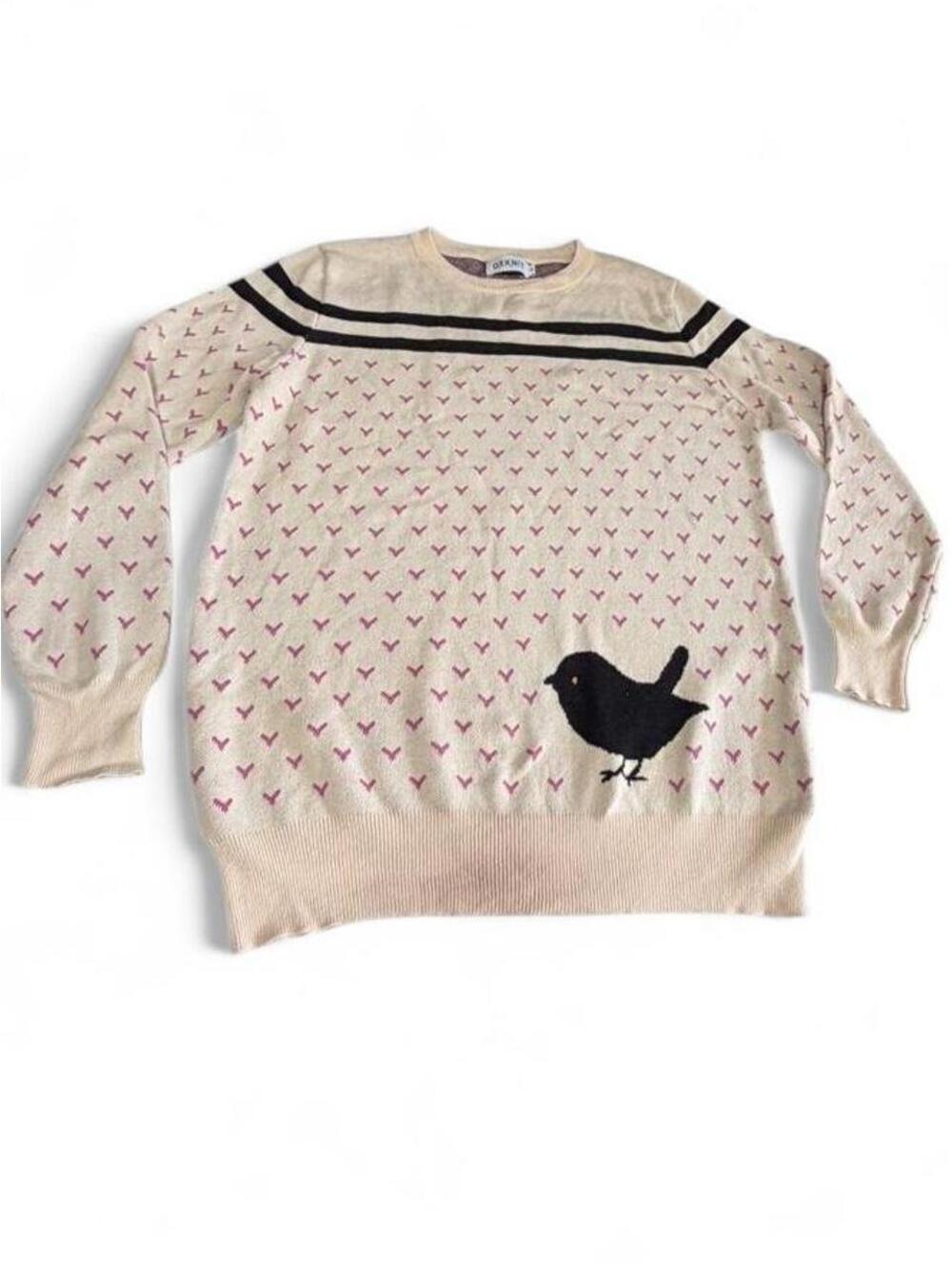 OXKNIT 2XL Beige and Pink Bird Pattern Knit Sweater